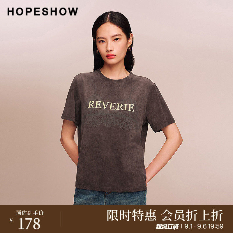 红袖商场同款HOPESHOW2025秋新款女装印花正肩短袖圆领套头T恤图片