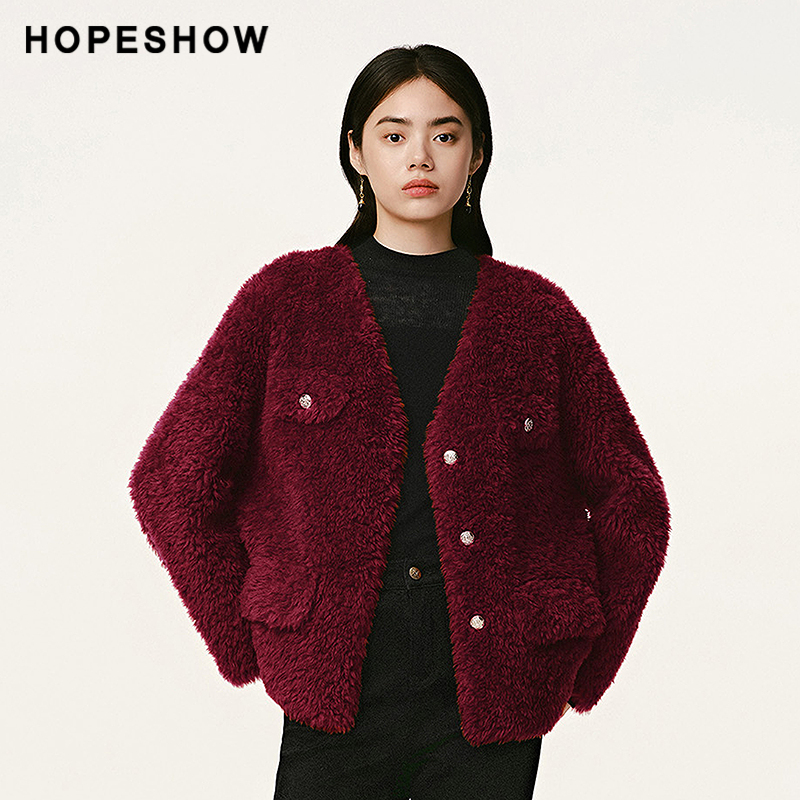 红袖商场同款HOPESHOW2024冬新款女装肌理感双排扣V领颗粒绒外套