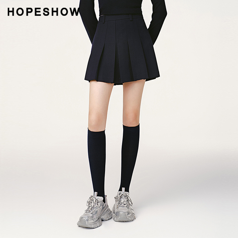 红袖商场同款HOPESHOW冬季2024新款女装减龄学院风纯色百褶短裙