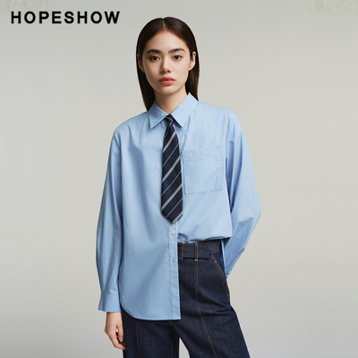 红袖商场同款HOPESHOW2025冬新款女装100棉单排扣翻领一手长衬衫