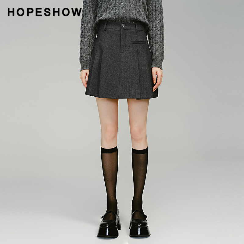 红袖商场同款HOPESHOW冬季2024新款女装垂感立体压褶一粒扣短裙