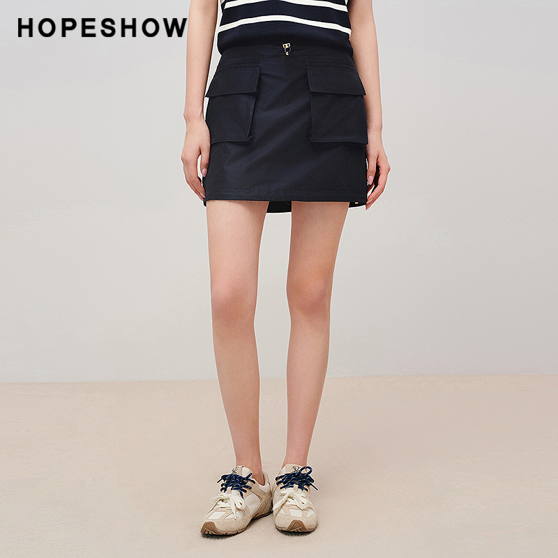 红袖商场同款HOPESHOW2025秋新款女装工装风抽绳拼接拉链A字短裙