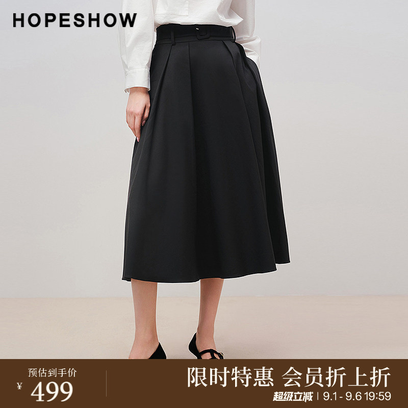 红袖商场同款HOPESHOW2025秋新款女装赫本风黑色压褶A字半身裙图片
