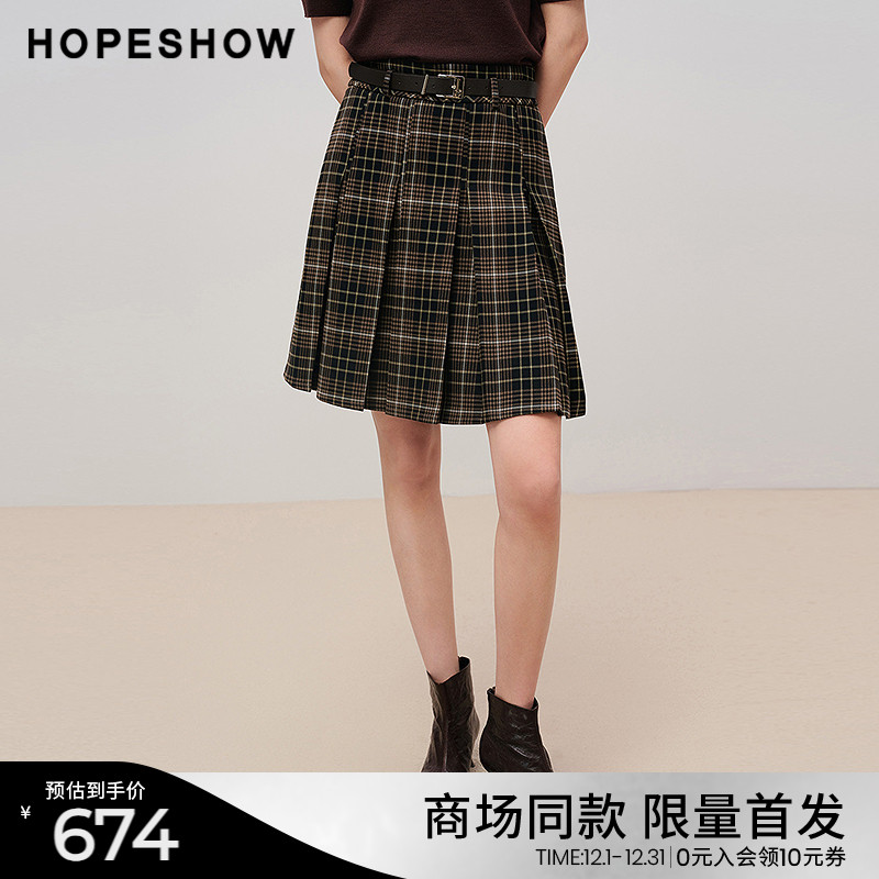 红袖商场同款HOPESHOW2025秋新款女装复古咖格压褶侧拉链A字短裙
