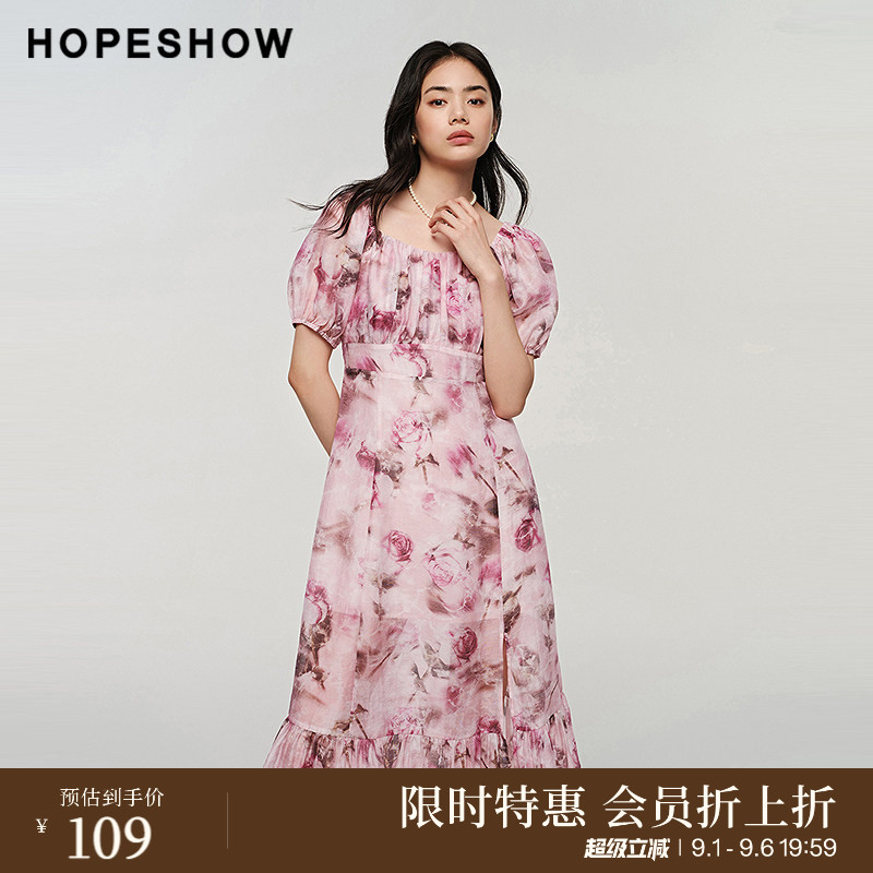 【会员专享】红袖玫瑰碎花裙季新款女装法式浪漫风方领高腰连衣裙图片
