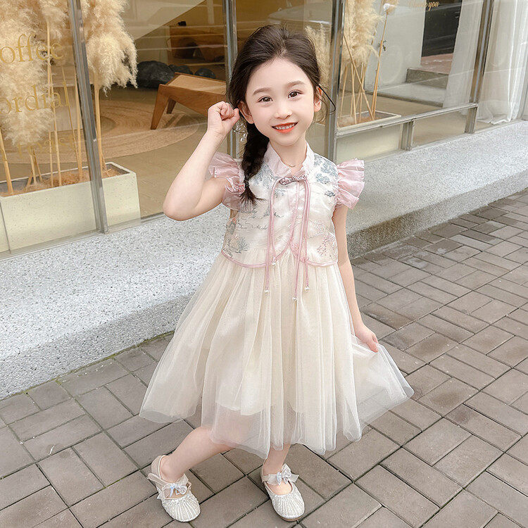 女童新中式连衣裙夏季旗袍裙宝宝中国风超仙古风公主裙彩色蓬蓬裙