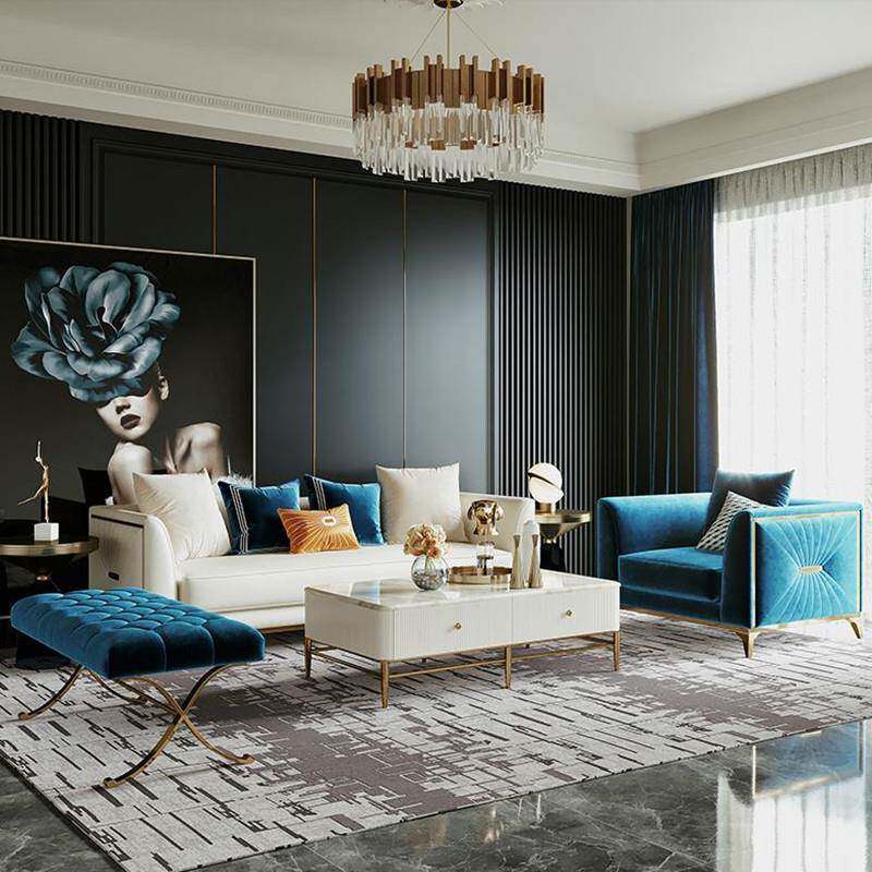 后现代三人位皮艺白色沙发简约客厅不锈钢蓝色丝绒脚踏沙发整装