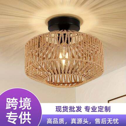 跨镜藤编吸顶灯灯饰乡村过道玄关客厅餐厅阳台民宿led美式藤艺