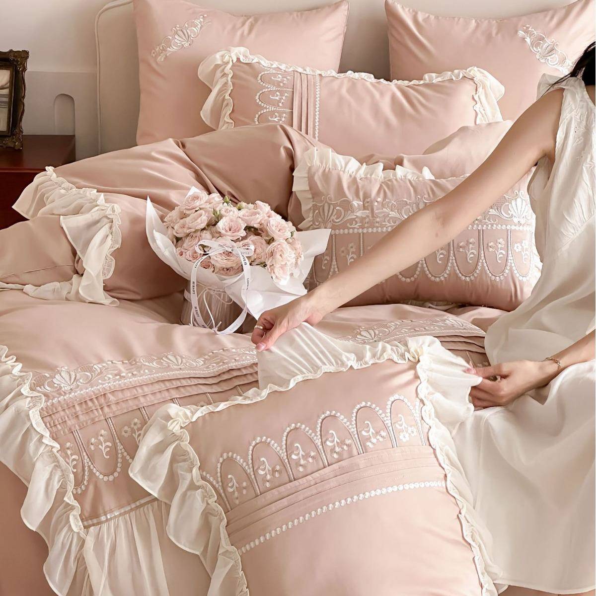 法式花边四季全棉浪漫花卉刺绣新品被套纯棉床上用品四件套