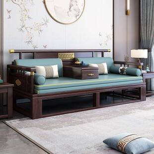 新中式实木罗汉床全实木推拉床现代简约风客厅可伸缩乌金木沙发床