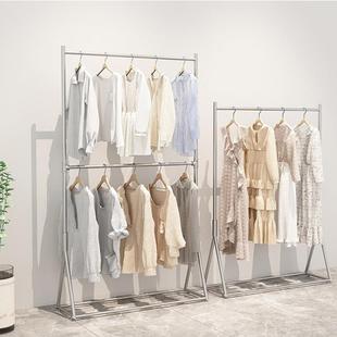 双层服装店展示架男女装升降挂衣架不锈钢拉丝银色可调节服装货架