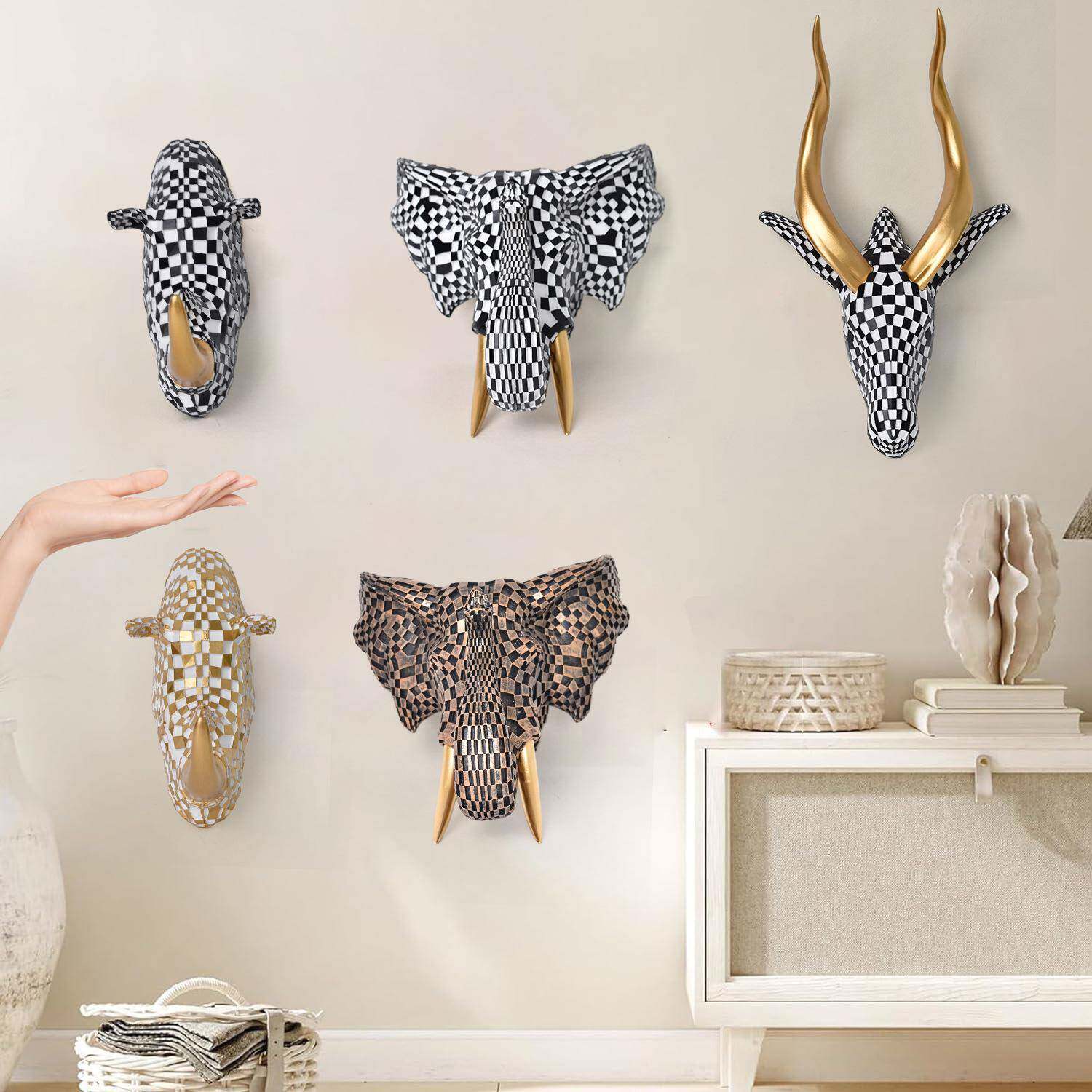 新款马赛克羚羊大象犀牛壁挂雕像创意摆件家居客厅装饰工艺品