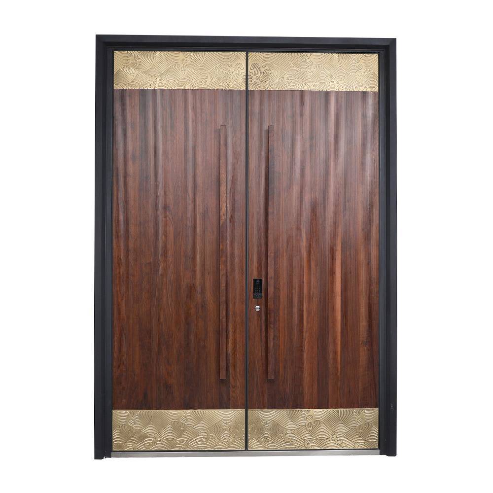 豪华对开别墅大门铸铝门转印木纹搭配描金色精雕滑盖拉手指纹锁