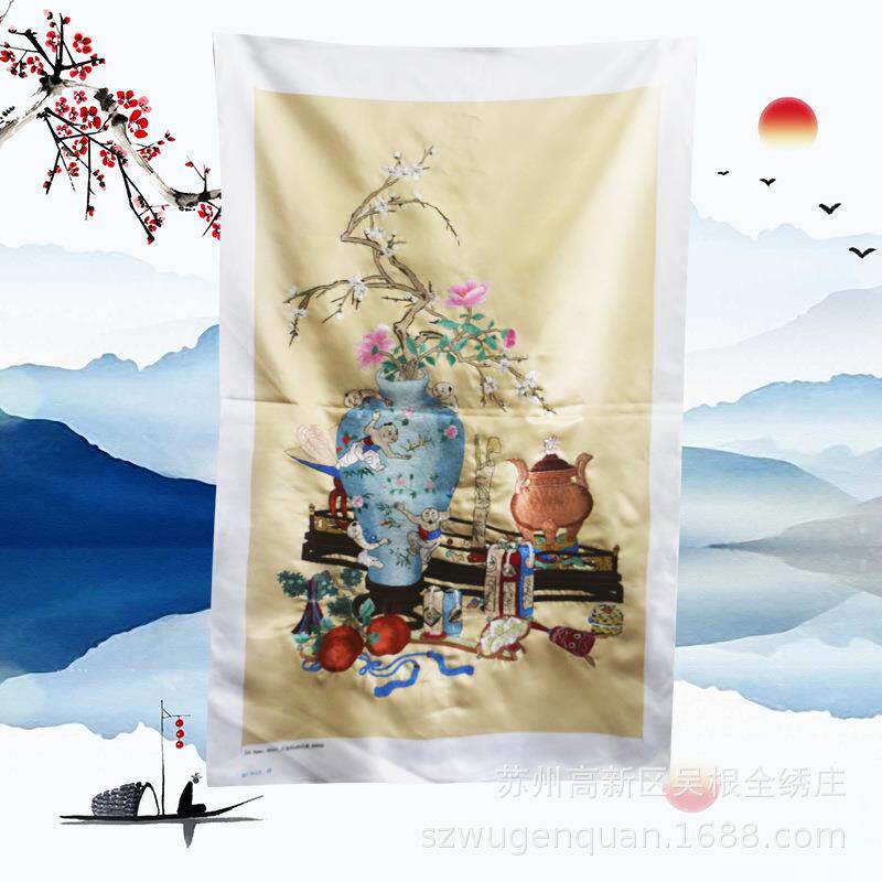 苏绣装饰画客厅书房办公室挂画苏州手工刺绣绣片插花瓶生产