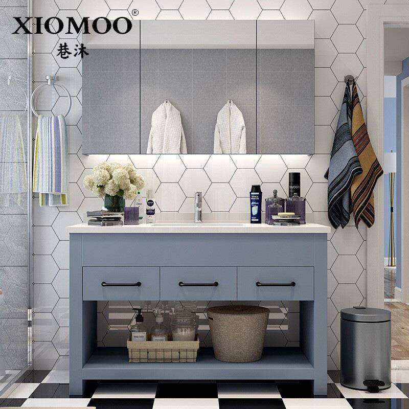 北欧风轻奢双盆浴室柜组合智能镜现代简约实木落地洗脸洗手洗漱台