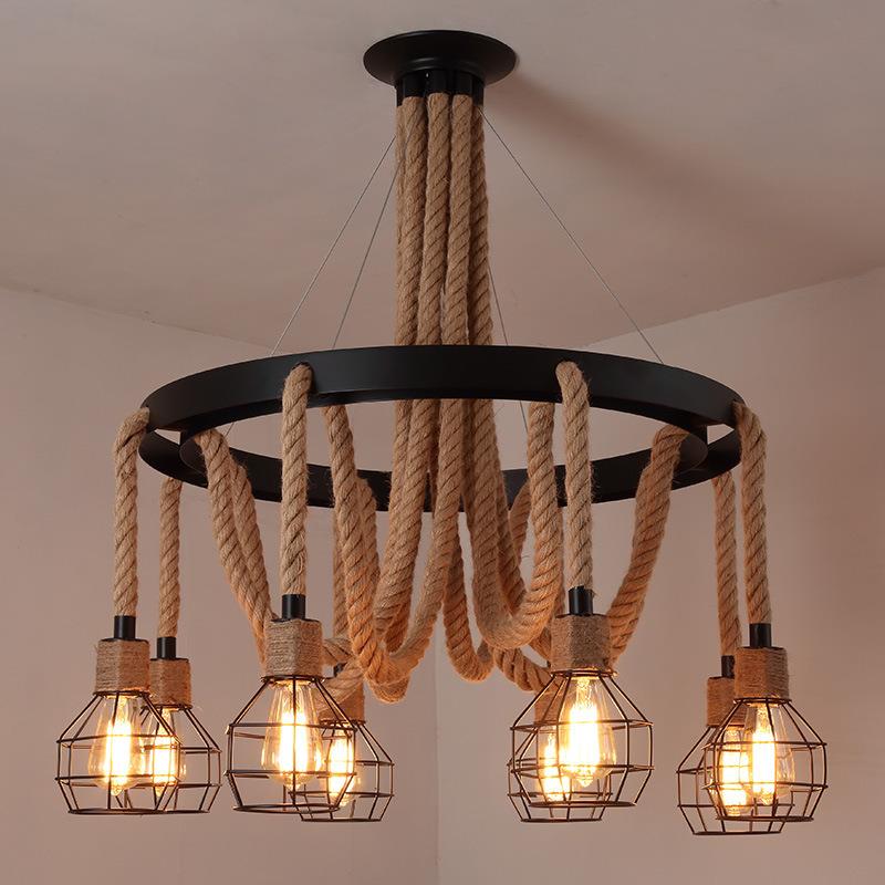 美式复古怀旧loft工业风网咖餐厅客厅火锅店创意个性铁艺麻绳吊灯