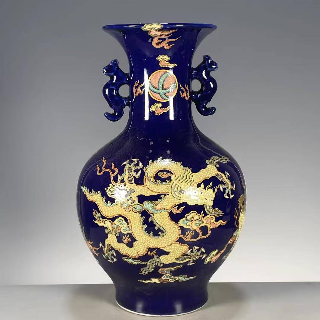 元代霁蓝釉彩绘五彩龙纹象耳瓶一对内府官窑仿古瓷器古玩收藏摆件