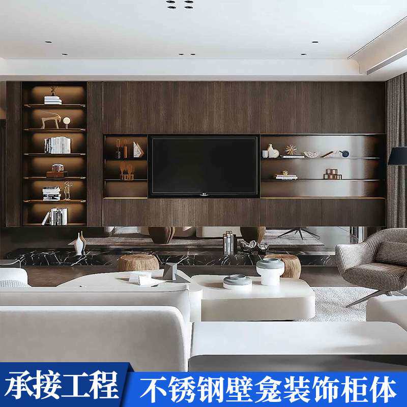 嵌入式拉丝黑钛不锈钢电视柜壁龛装饰背景柜一体式墙体金属壁柜