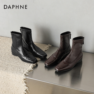 达芙妮加绒短靴女2025新款冬季平底瘦瘦靴法式方头切尔西靴马丁靴