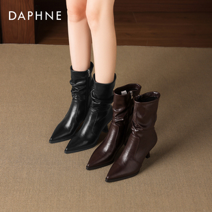 尖头堆堆靴子 加绒瘦瘦马丁靴法式 达芙妮细高跟短靴女2025新款 冬季