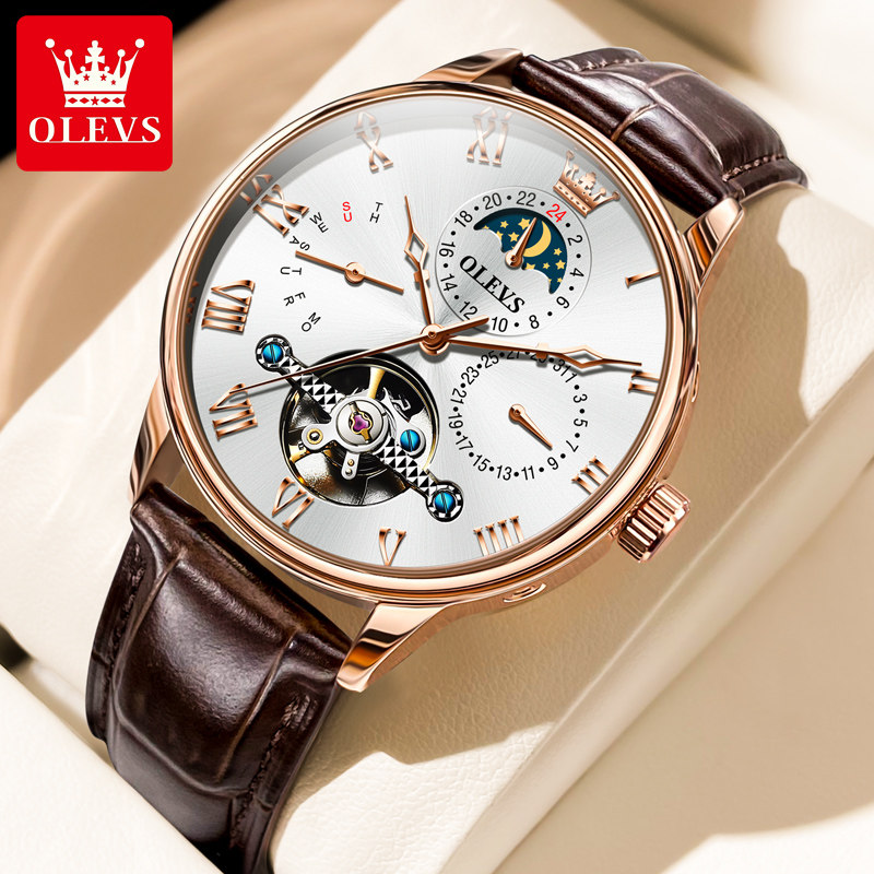 瑞士正品罗西尼手表男士全自动镂空机械表防水潮流月相多功能腕表