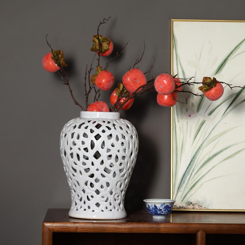 欧式现代样板房软装饰品纯色镂空将军罐售楼处玄关将军罐摆件花瓶