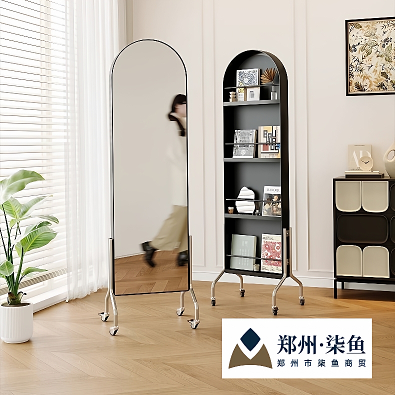 可移动镜子全身镜中古风收纳杂志架落地书报展示置物架旋转穿衣镜