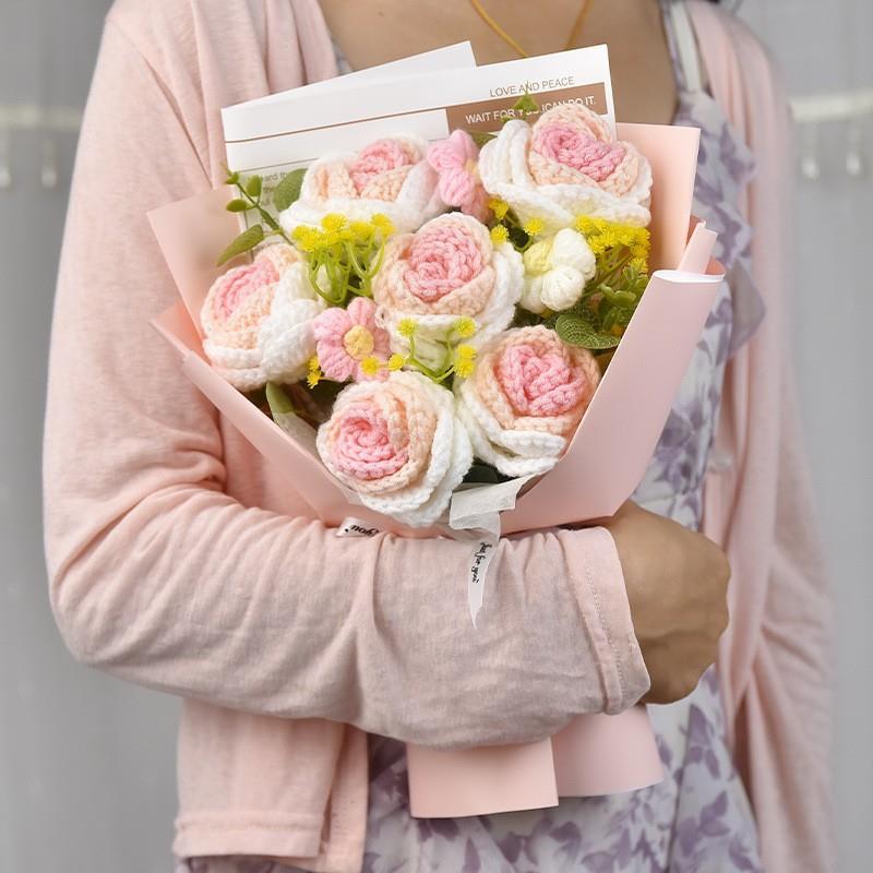 成品发货针织玫瑰花束成品手工编织毛线花送女友闺蜜生日礼物