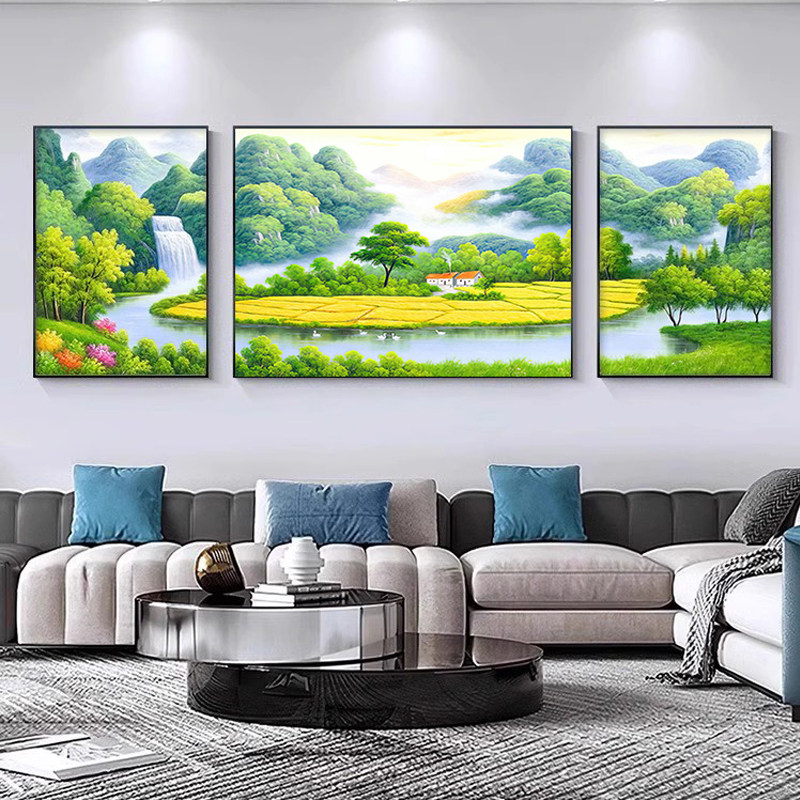 山水画客厅装饰画三联画大气2025新款现代简约挂画沙发背景壁画