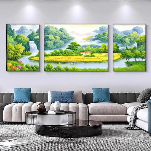 山水画客厅装饰画三联画大气2025新款现代简约挂画沙发背景壁画