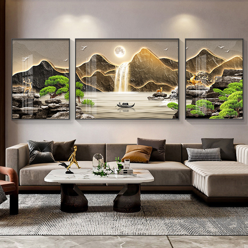 轻奢2026客厅装饰画沙发背景挂画三联画山水画大气高级感壁画