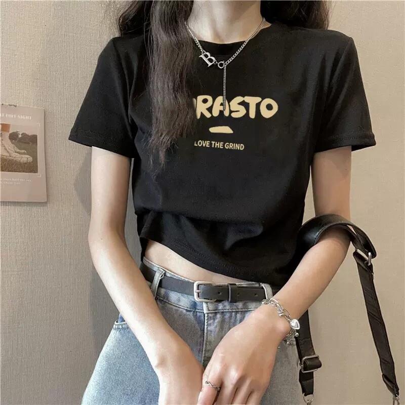 韩国226夏季新款EMS纯棉黑白n色瘦正肩短袖T恤女高腰短款上衣0i显