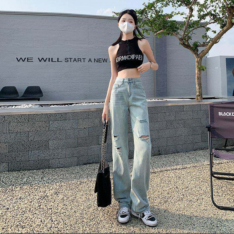 韩国破洞腿牛阔仔裤女春YYQ子秋2025新款窄版高腰垂感小个瘦显拖