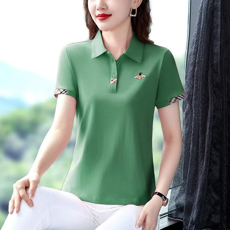 韩洋气短袖尚t恤女夏装1时plo衫纯系棉宽松显瘦上衣翻领o大码绣花