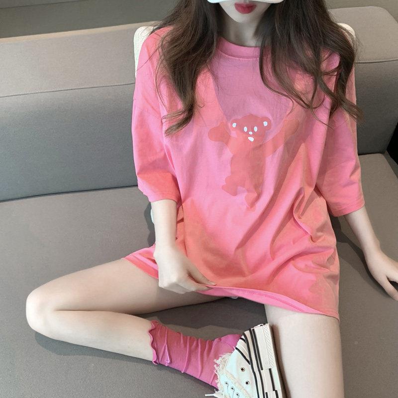 韩国2026春新款显宽网红尚小熊印9585花玫粉色T恤女ins时夏松瘦短