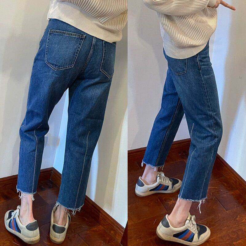 韩国春夏新款牛仔女大胖码595296妹妹mm直筒裤九分明线阔腿裤子显