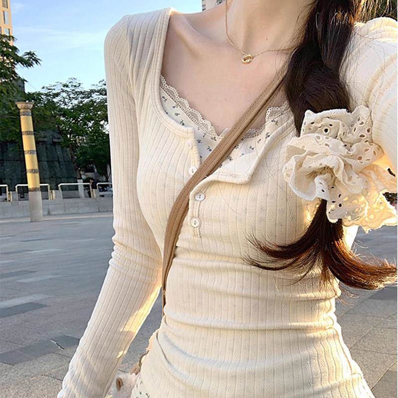 纯欲T9998-2风蕾丝假妹两件打底法女衫春秋025新款式高级感内搭甜