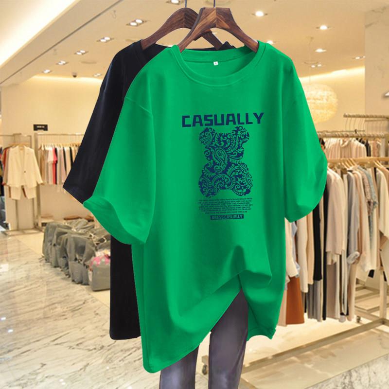 中长版短袖大体T恤女欧货2025新款显瘦遮肉潮牌绿色纯棉小熊上衣