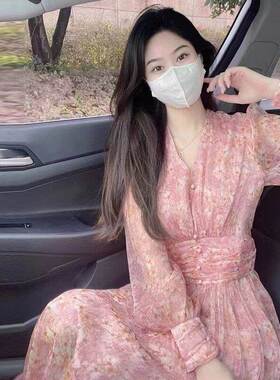 欧洲站5622气25春季款法式温柔风收腰长裙质仙女粉超色碎花0洋装