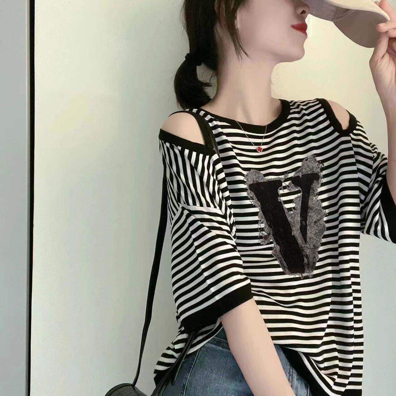 条短L55478F显袖T恤女士夏季大尺上码宽松瘦设计感小众中长版露肩