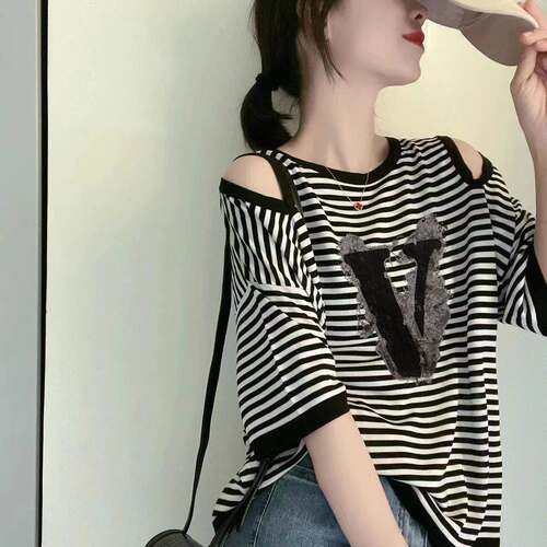 条短L55478F显袖T恤女士夏季大尺上码宽松瘦设计感小众中长版露肩