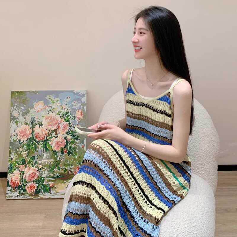 FAshi 彩虹条纹吊带连衣裙女夏海边度假慵懒风休闲气质法式长裙子