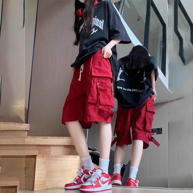 红色美装短裤 女夏季薄L56793FS款工高腰宽松直筒五分裤休闲 式速