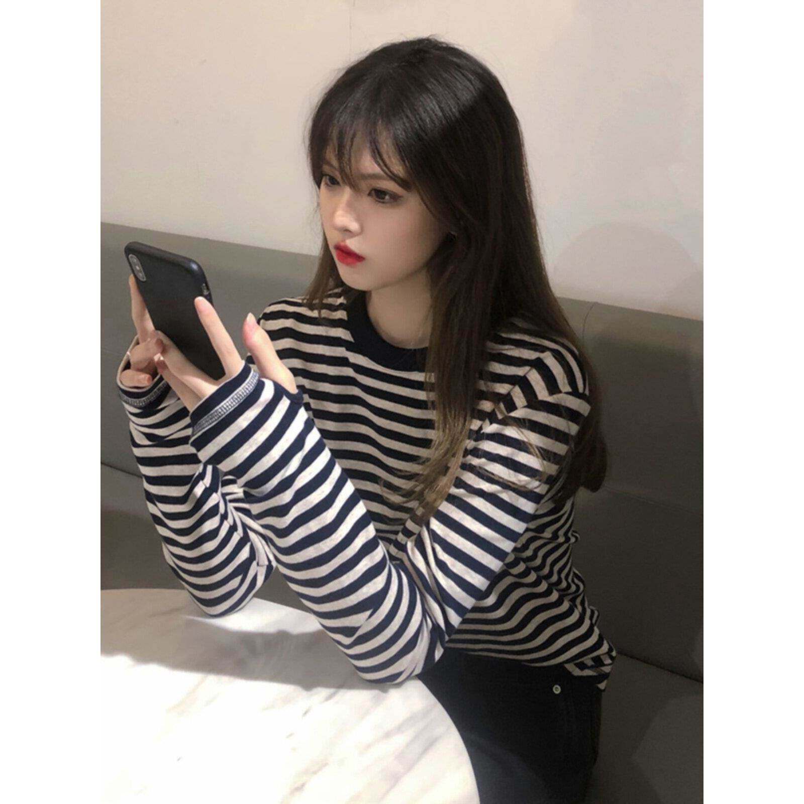 女韩国条纹长袖T计恤女春装秋条冬季黑白纹卫衣NMH内搭上衣ins潮