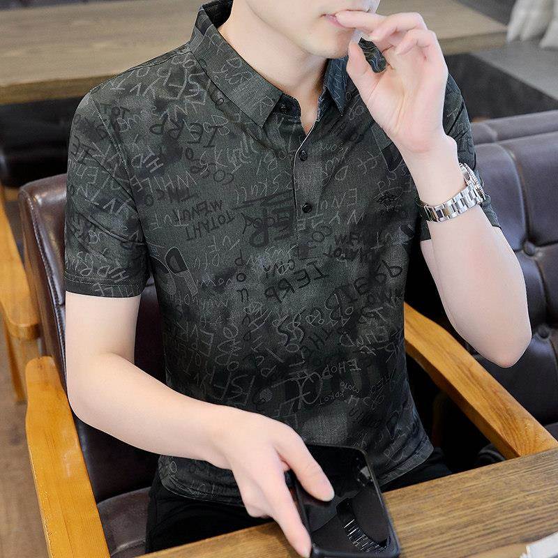 冰丝短袖t恤男衬衫领夏季薄款高端翻领polo衫男冰感中年夏装上衣