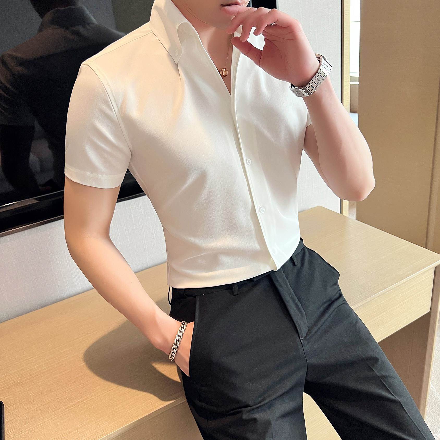 潮牌休闲短袖衬衫男V领夏季薄款修身帅气商务高级感发型师白衬衣