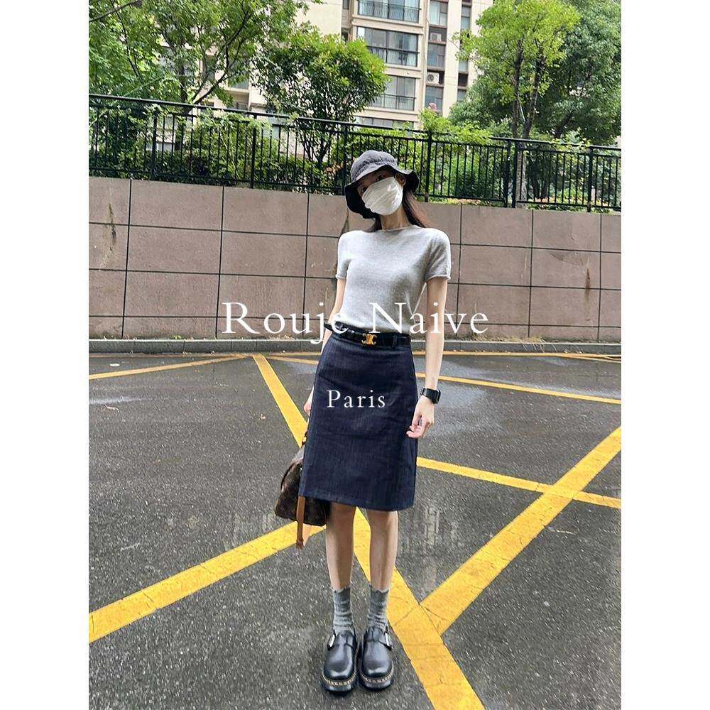 Rouje Naive牛仔裙春夏秋新款小个子高腰A字深色中长款半身裙子女