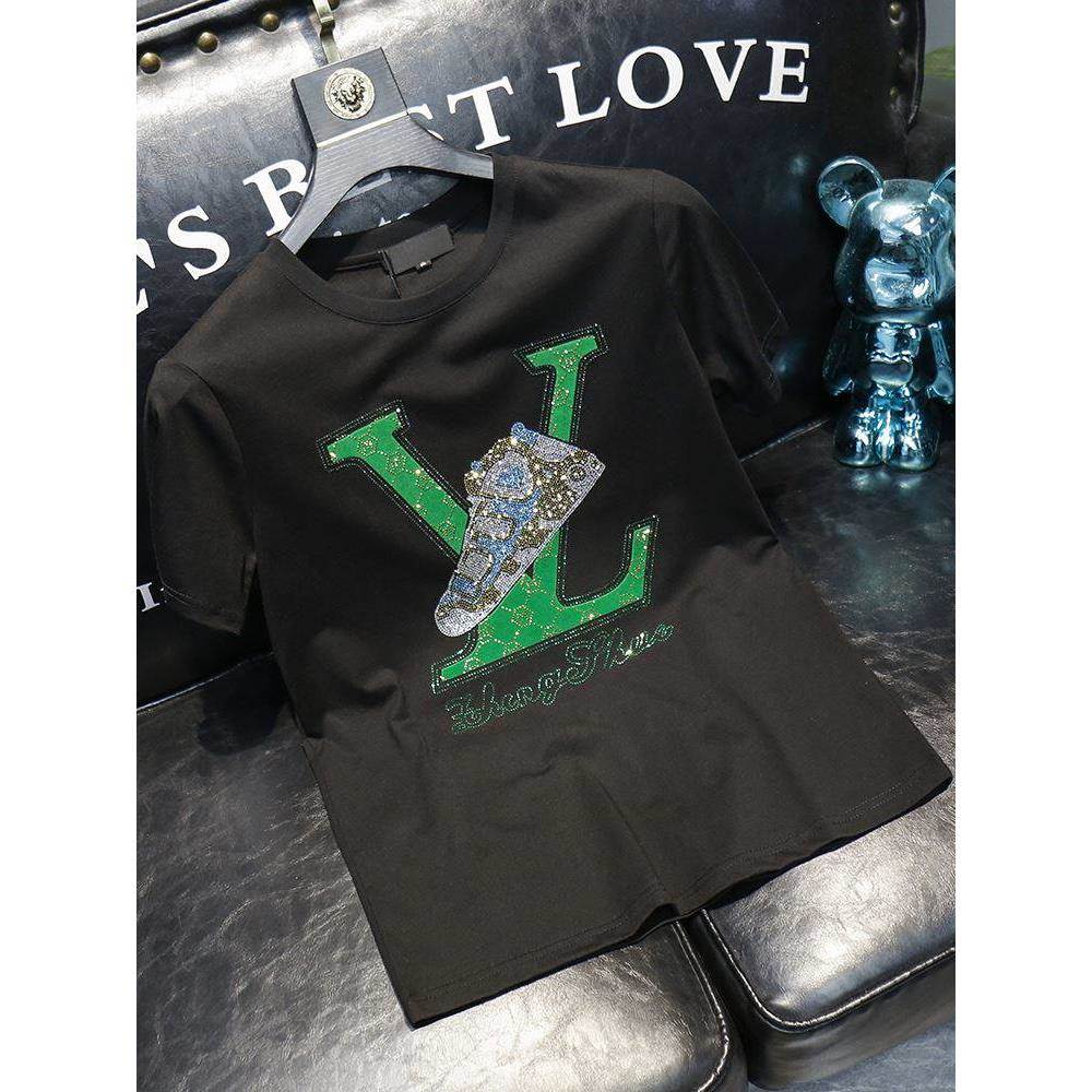 欧洲站~质感了！潮牌烫钻短袖T恤男士夏TX298366季新款修丝光棉绝
