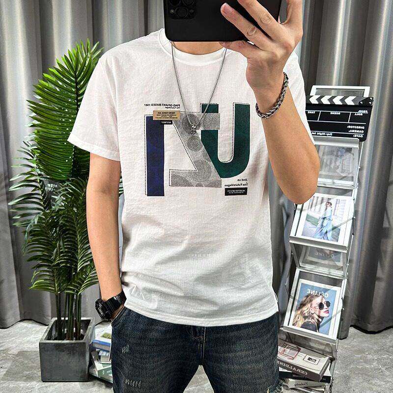 牌男士修身潮流潮短袖恤衫韩版版青年创意印花圆JXV领半袖上衣棉T