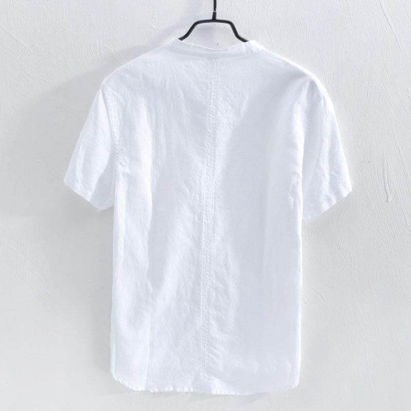 香夏港季新男GAF士短袖棉麻衬衫白 纯色立领修身文艺款风亚麻衬衣